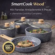 Kit Panelas Antiaderente SmartCook Wood™ 4 Peças + Utensílios Cozinha Completo Cabo Madeira