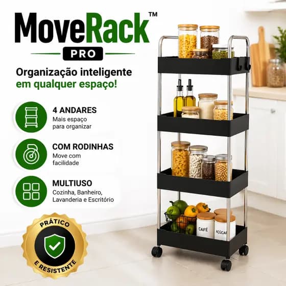 Prateleira Organizadora com Rodinhas 4 Andares MoveRack Pro™ Multiuso Cozinha Banheiro Lavanderia