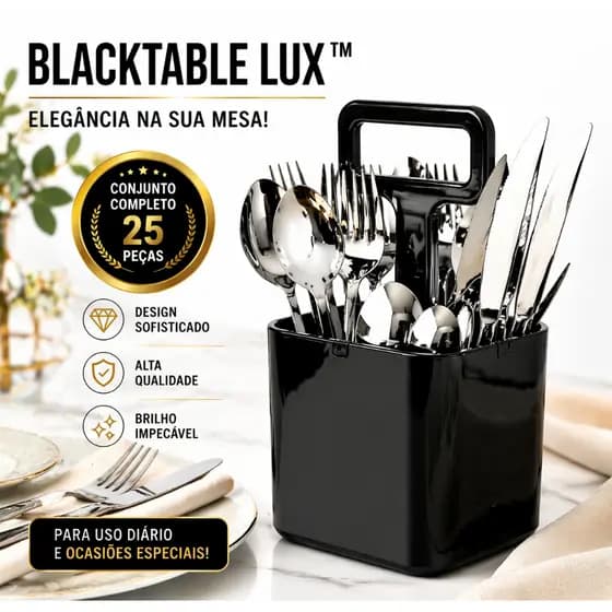 Jogo de Talheres Preto 25 Peças BlackTable Lux™ Conjunto Elegante Moderna Aço Inox com Suporte