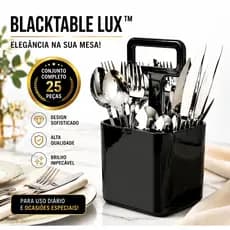 Jogo de Talheres Preto 25 Peças BlackTable Lux™ Conjunto Elegante Moderna Aço Inox com Suporte