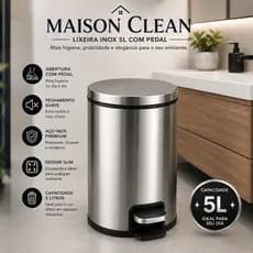 Lixeira Inox 5L Maison Clean com Pedal Slim Tampa Soft Close Anti Odor para Banheiro Cozinha