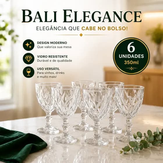 Jogo de Taças de Vidro 350ml Bali com 6 Unidades – Taças Elegantes e Resistentes para Vinho, Drinks