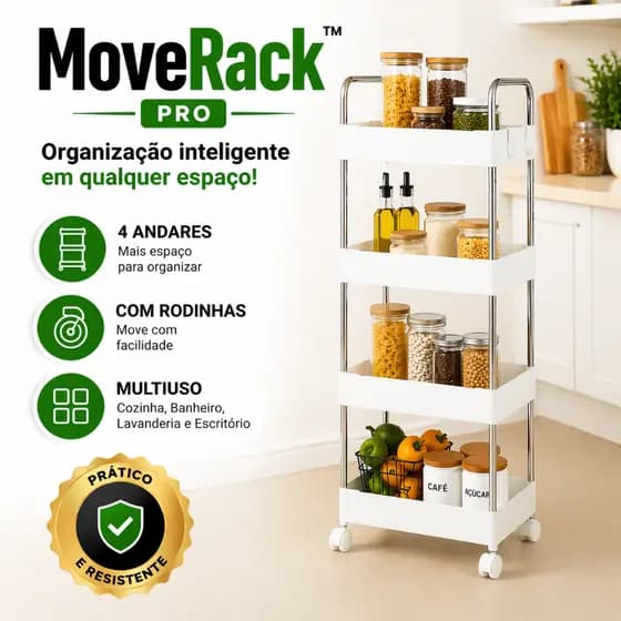 Prateleira Organizadora com Rodinhas 4 Andares MoveRack Pro™ Multiuso Cozinha Banheiro Branca