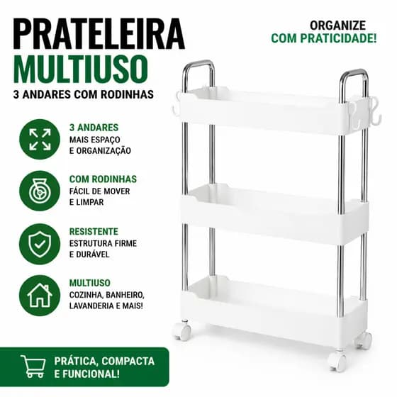 Prateleira Organizadora 3 Andares com Rodinhas Multiuso Branco Compacta Carrinho Organizador