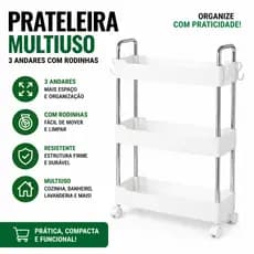Prateleira Organizadora 3 Andares com Rodinhas Multiuso Branco Compacta Carrinho Organizador