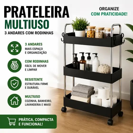 Prateleira Organizadora 3 Andares com Rodinhas Multiuso Preta Compacta Carrinho Organizador