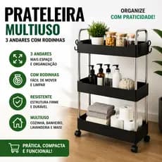 Prateleira Organizadora 3 Andares com Rodinhas Multiuso Preta Compacta Carrinho Organizador