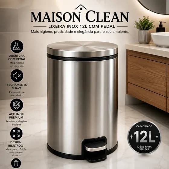Lixeira Inox 12L Maison Clean com Pedal Slim Tampa Soft Close Anti Odor para  Cozinha