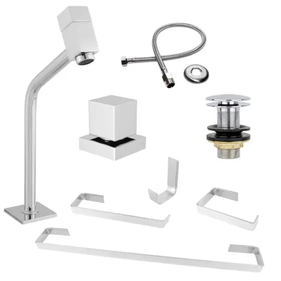 Kit Para Banheiro 5 Peças Em Metal Cromado Quadrado : Torneira + Engate + Acabamento + Válvula + Kit