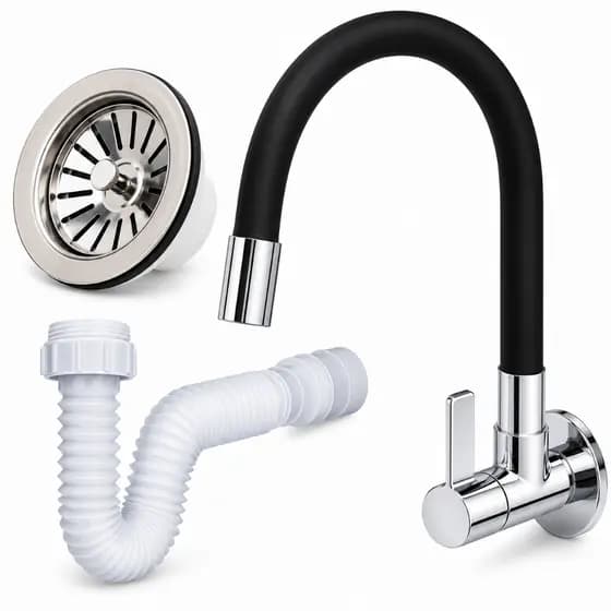 Kit Torneira Cozinha Silicone Flexível  Parede: Sifão Universal + Válvula Americana + Torneira
