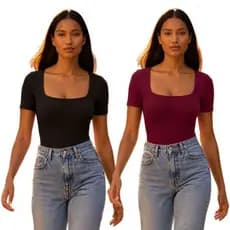 Kit 2 Body Feminino Manga Curta Decote Quadrado Verão Básico Liso Suplex Blusa Tendência Casual
