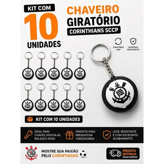 Chaveiro Giratório Corinthians SCCP – Kit com 10 Unidades ⚽🖤