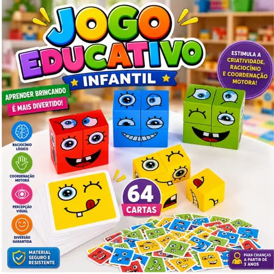 Jogo de Expressões Faciais Infantil 64 Cartas 16 Cubos Brinquedo Educativo Crianças +3 Anos Desenvolvimento Cognitivo