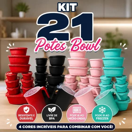 21 Potes Plásticos Multiuso com Tampa para Mantimentos, Alimentos e Marmitas