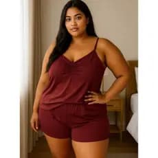 Kit 2 Conjunto de Baby Doll Plus Size em Poliéster Liso Short Feminino Adulto Conforto ao Dormir.
