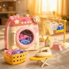 Lavanderia Infantil com Máquina de Lavar Varal Ferro Tábua Acessórios | Brinquedo Realista Educativo