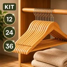 Kit com 12/24/36 Cabide de Madeira Reforçado | Organização para Guarda-Roupa, Closet e Armário
