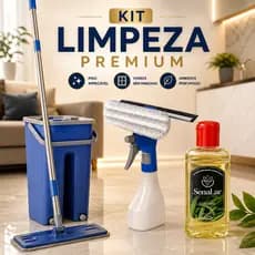 Kit Limpeza Premium Flat Mop Balde 5L Lava Seca e Rodo Limpa Vidro e Limpador Perfumado Concentrado