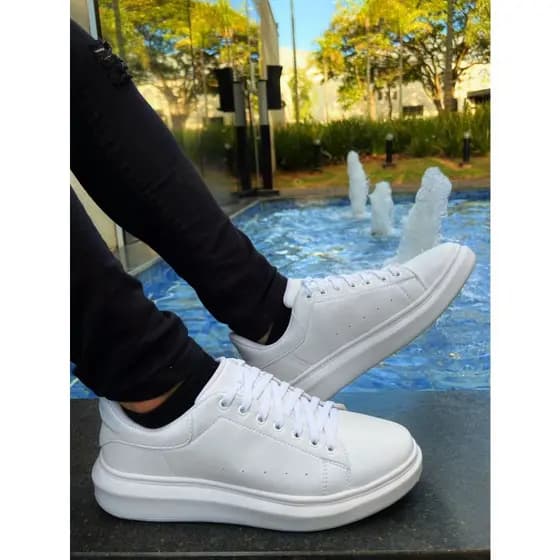 Sapatenis Casual Sneaker Chunky Branco Leve e Confortável Sola Alta Costurado Liso