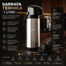 Garrafa Térmica 1 Litro Tampa Pressão Com Alça Café Chá Leite Água Chimarrão Tererê Escritório Cozinha Unitermi Verona