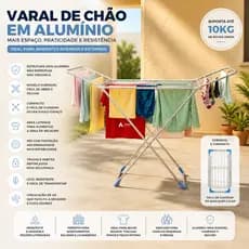 Varal de Chão P/ Roupas Com Abas Antiferrugem 100% Alumínio 160cm Reforçado Dobrável Retrátil Resistente