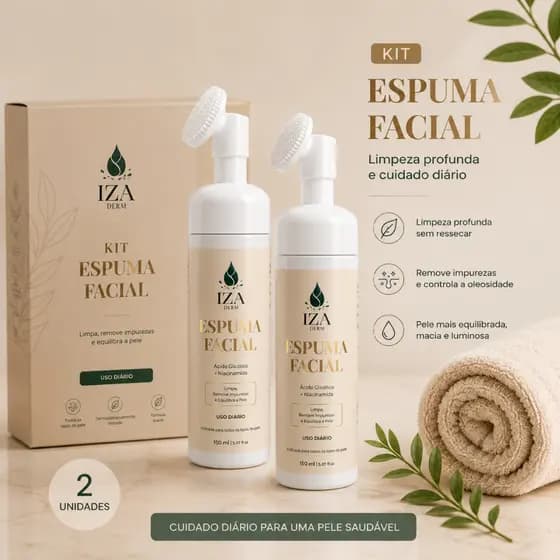 Kit 2 Espumas Faciais IZA Derm Ácido Glicólico + Niacinamida 150ml Limpeza Profunda Controle da Oleosidade