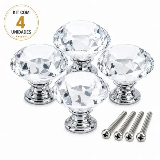 KIT 4 PUXADOR CRISTAL PARA ARMARIO GAVETA  MOVEIS 30MM