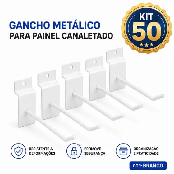 Kit 50 Gancho Para Painel Canaletado Cor Branco 10cm