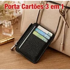 Porta Cartão Unisex 3 em 1 com Zíper Compacta em Couro Sintético + Caixinha para presente