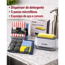 Kit Dispenser de Detergente + 5 Panos Microfibra + Conjunto de Esponjas de Aço e Limpeza