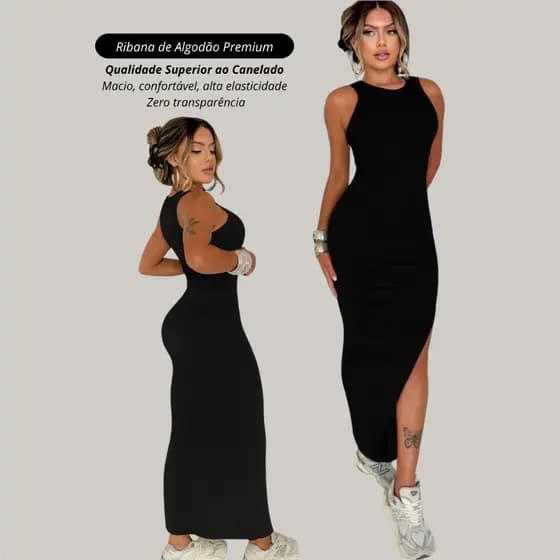 vestido longo com fenda lateral canelado tubinho justo casual