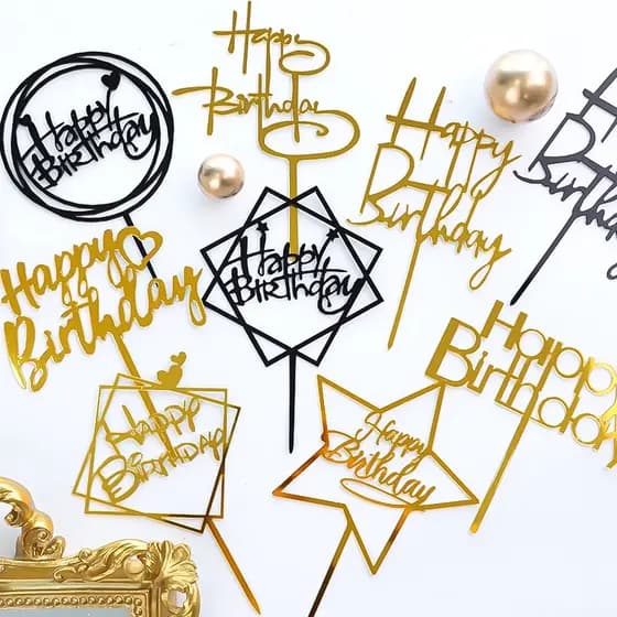 Acrílico Feliz Aniversário Cake Topper Festa De Decoração De Bolo Ouro Prata Preto