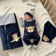 Saída Maternidade Bebê Menino Urso Aviador com Saco De Dormir Plush Quentinho Enxoval Maternidade
