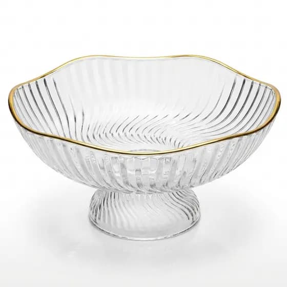 Fruteira Acrilica Transparente Borda Dourada Elegante Base Elevada Multiuso Doces Frutas Centro Mesa Decoração