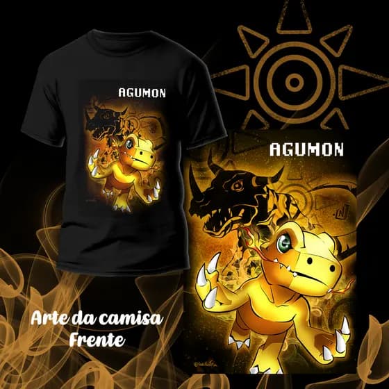 Camisa Preta do Digimon Agumon / Gabumon Anime Arte Frente e Costas  Unissex