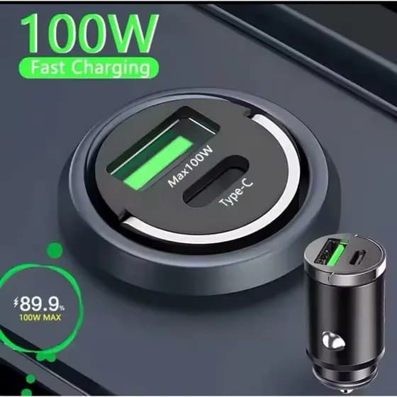 Fonte Veicular de Carregamento Rápido Mini 100W Dupla Entrada USB + USB C