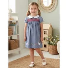 Vestido Infantil Manga Curta de Bolinhas Brancas e Bordado Floral 100% Algodão - Tamanho 3 Anos - Azul