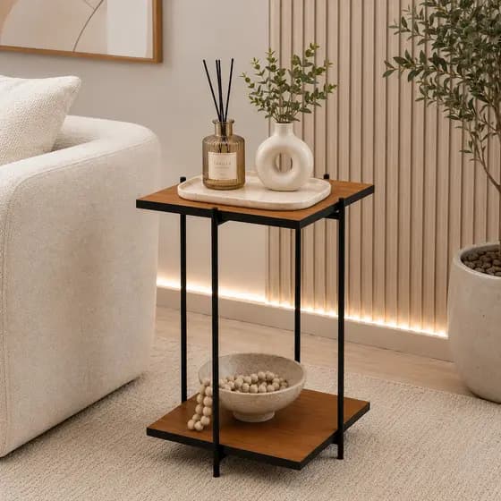 Mesinha lateral quadrada industrial dobrável decoração sala quarto canto sofá apoio mesa dois tampos