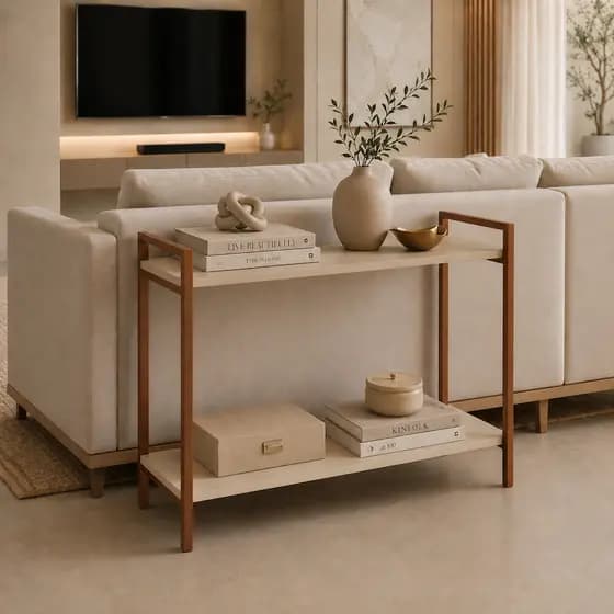 Mesa aparador lateral canto sofá cobre decoração sala buffet cantinho café duas prateleiras industrial