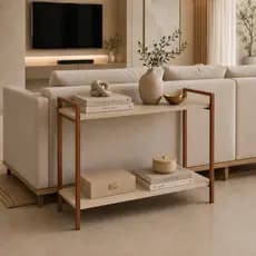 Mesa aparador lateral canto sofá cobre decoração sala buffet cantinho café duas prateleiras industrial