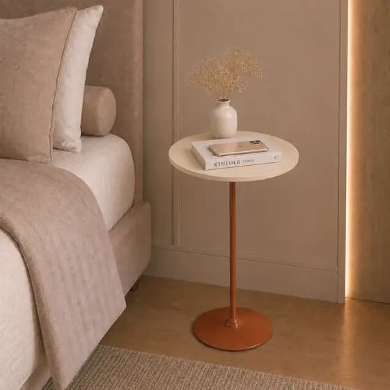 Mesa cabeceira alta industrial redonda monopé aço cobre decoração moderna quarto canto lateral cama
