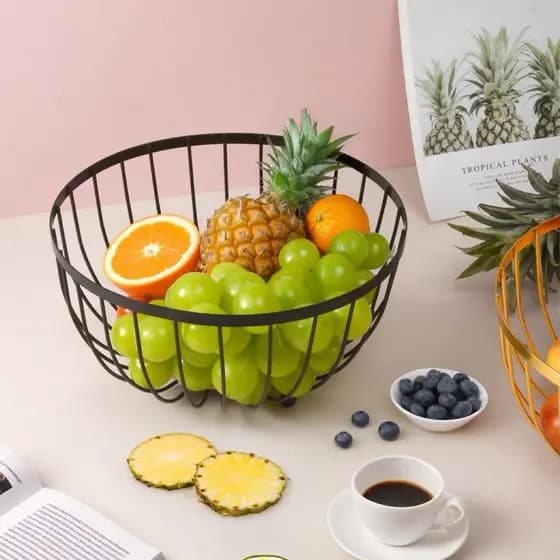 Cesta de Fruta Fruteira de Mesa Rustica de Ferro e Bambu para Café da Manhã Multiuso de Metal Preto