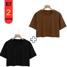 Kit 2 Camiseta Feminina Cropped Básica Larguinho Oversized Algodão