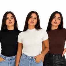 Kit 3 Blusa Básica Ribana Canelado Premium Casual Moda Gringa Basico Camiseta T-Shirt