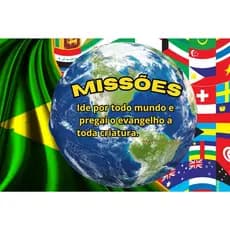 Painel Missões, Pregai o Evangelho retangular de lona para decoração de festa de aniversário infantil. Várias medidas.