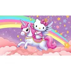 Painel Hello Kitty Unicórnio retangular de lona para decoração de festa de aniversário infantil. Várias medidas.