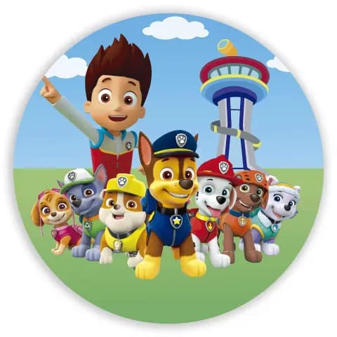 Painel Festa Infantil Redondo Patrulha Canina Céu Azul + Arco, Suporte incluso. Fazemos personalizado com qualquer tema. Confeccionado em Lona fosca, impressão de alta resolução. cenário Circular p/ Decoração