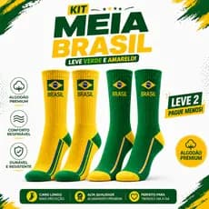 Kit Meia Brasil Cano Alto Algodão Premium Confortável 34-44 Masculina/Feminina Copa Futebol Eleição
