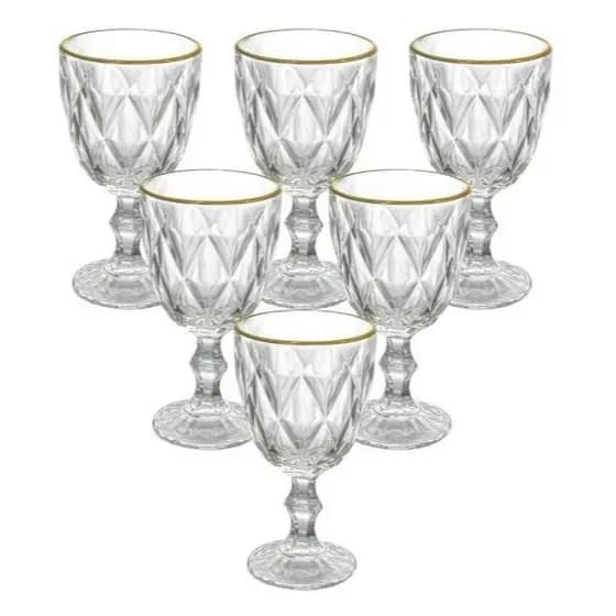 Jogo De 6 Taças De Vidro Diamond Clear Borda Dourada 330ml