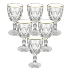 Jogo De 6 Taças De Vidro Diamond Clear Borda Dourada 330ml
